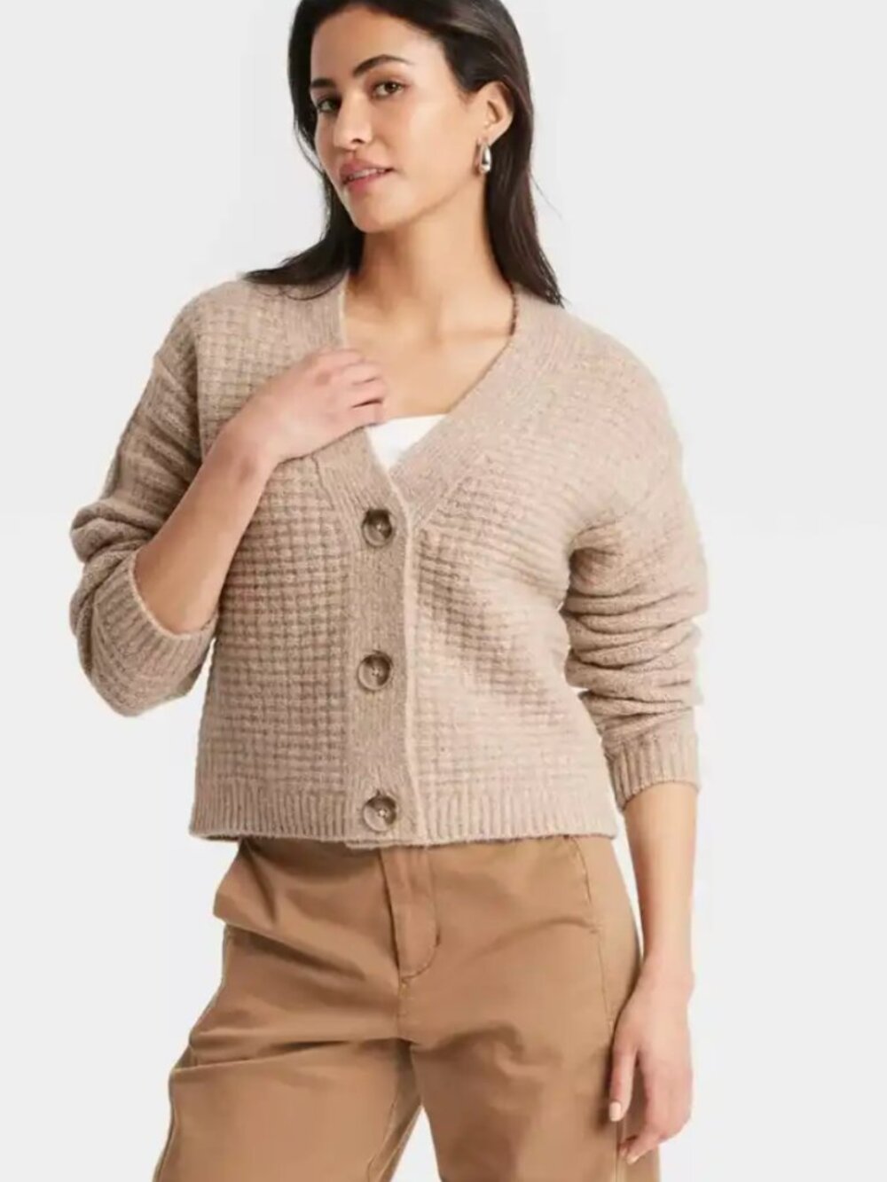 Boxy Cropped Waffle Cardigan - Beige